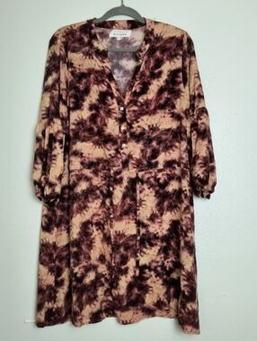 Margaux Riviera Tie Waist Loose Dress Size L Abstract Tie Dye Print Brown Casual